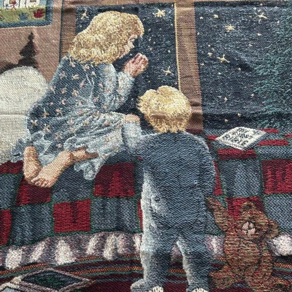 Woven Tapestry Throw Kids Blue Jesus‎ Loves Me Prayer Vintage Cottagecore